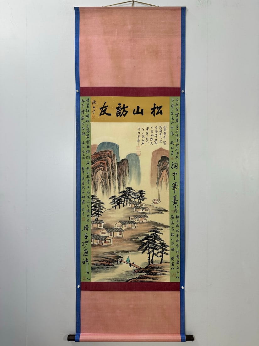 (Qi Baishi) Landscape: (Qi Baishi) Landscape, a three-foot-long hanging scroll with double inscriptions, purely hand-painted and framed. Framed size: 206X67cm, painting size: 115X62cm! Provenance:Private collection of the