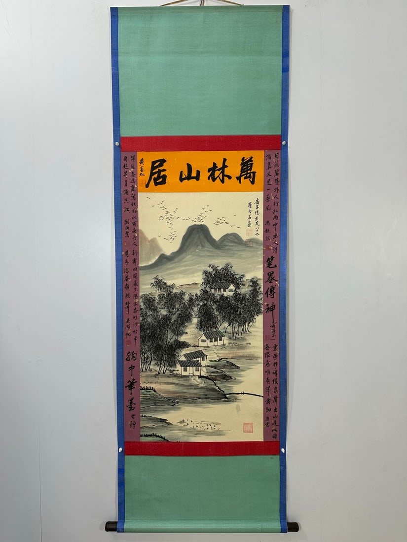 (Qi Baishi) Landscape: (Qi Baishi) Landscape, a three-foot-long hanging scroll with double inscriptions, purely hand-painted and framed. Framed size: 206X67cm, painting size: 115X62cm! Provenance:Private collection of the