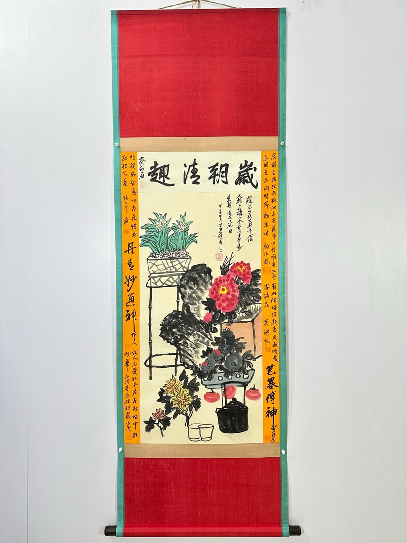 (Wu Changshuo) Offerings: (Wu Changshuo) A pure hand-painted and hand-mounted three-foot hanging scroll with inscription on both sides. Mounting size: 206X67cm, painting size: 115X62cm! Provenance:Private collection,