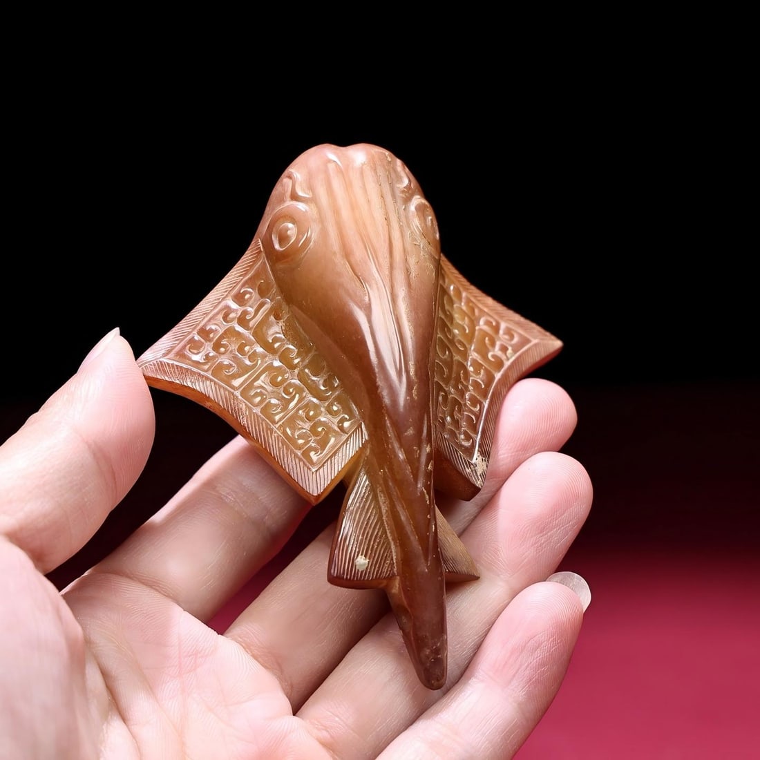 Exquisite antique, Hetian jade fish pendant with a thick, rich patina from its original burial site. (1 of 9)