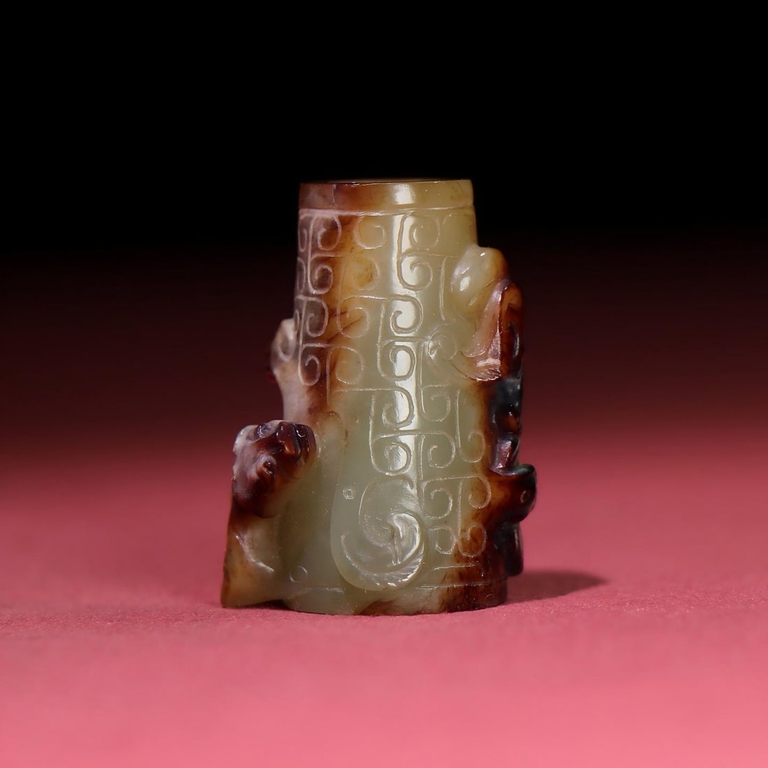 Exquisite antique, fully stained red leather strap: Exquisite antique, this red lacquer brocade has a thick, deep patina, the color penetrating to the very core. The craftsmanship is superb, the carving sharp and precise. A rare and exceptional piece f