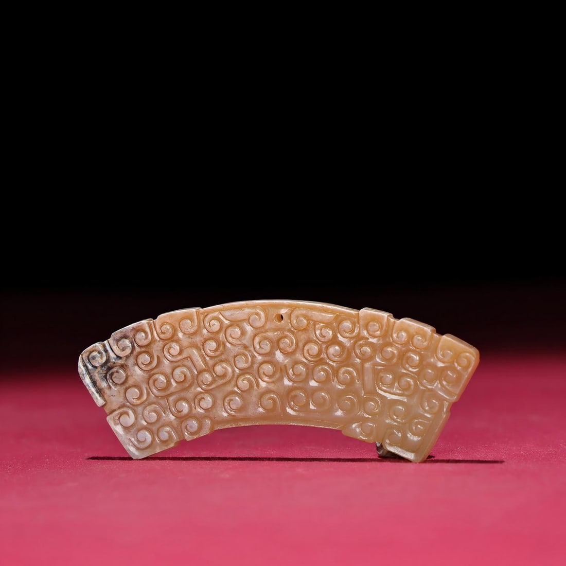 Exquisite antique, Hetian jade huang (crescent-shaped pendant) with full carving and patina from its: Exquisite piece from a private collection. A Hetian jade pendant, unearthed and fully patinated, with a thick, deep patina and rich, penetrating color. The craftsmanship is superb, with sharp and skil