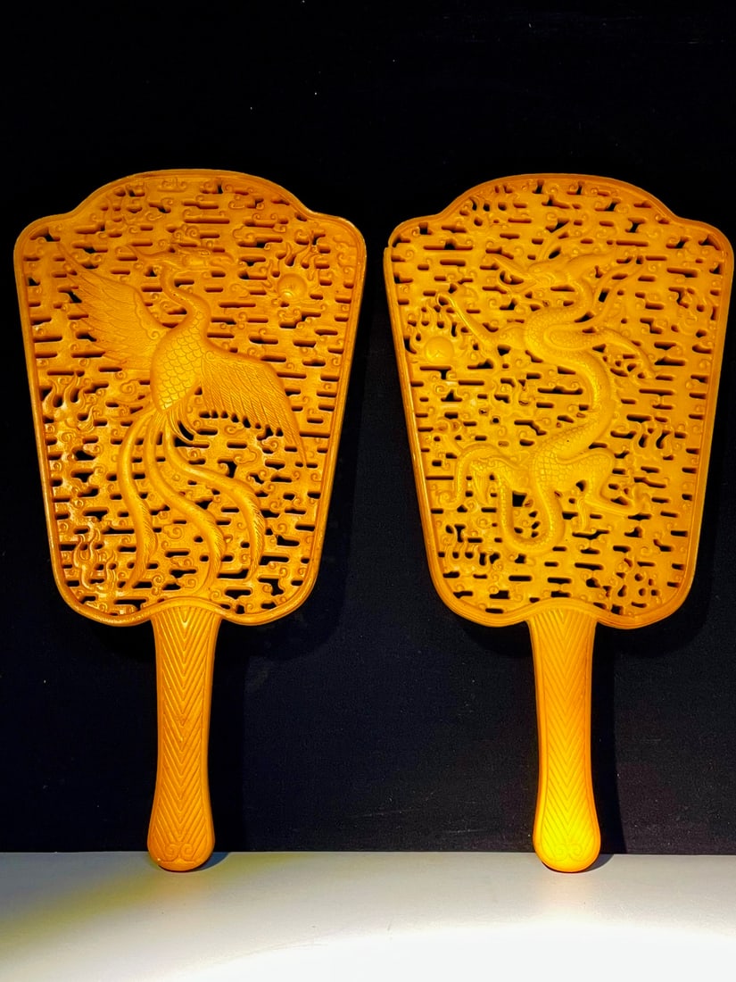 A pair of Hetian jade and yellow jade openwork dragon and phoenix jade bi fan from the old (1 of 8)