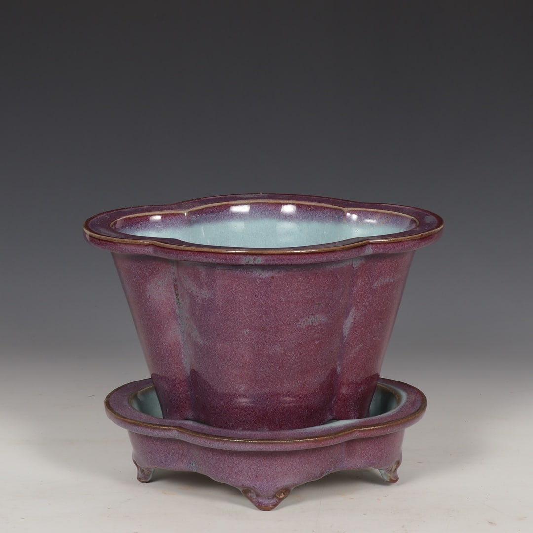 set of Song Dynasty Jun ware rose-purple glazed begonia-shaped flowerpots and saucers from the (1 of 9)