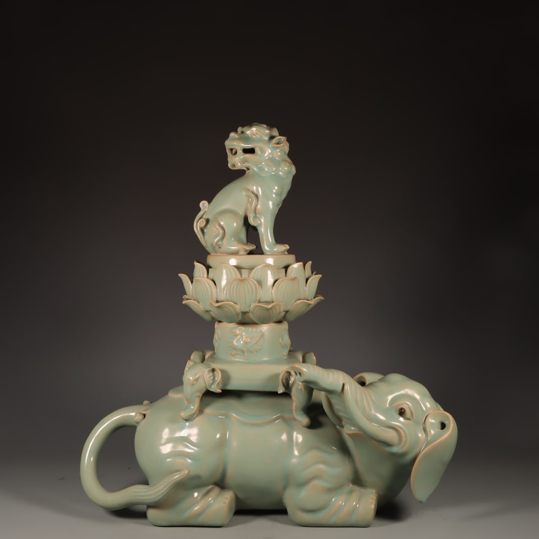 Formerly in the collection of a Song Dynasty Ru ware celadon lion and elephant incense burner (1 of 9)