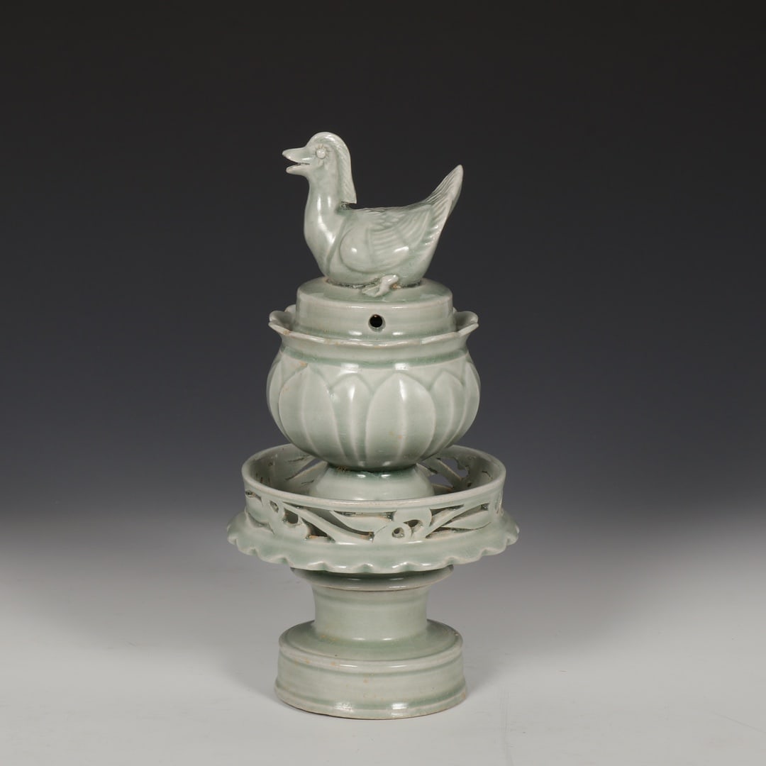 Formerly owned Yue ware celadon incense burner with mandarin duck and lotus petal design from the (1 of 9)