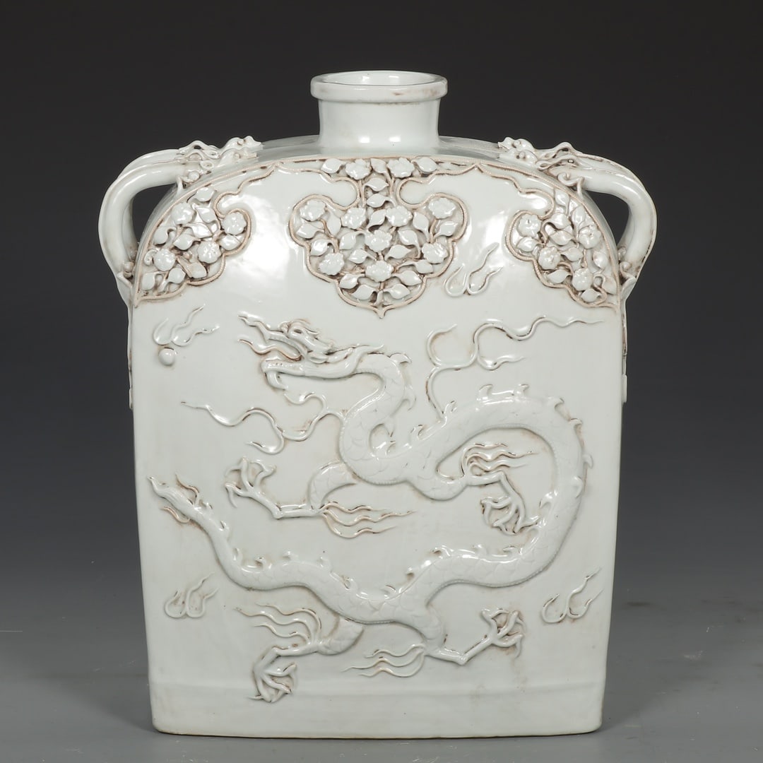 Former Yuan Dynasty egg-white glazed flat flask with applied floral and cloud dragon patterns (1 of 9)