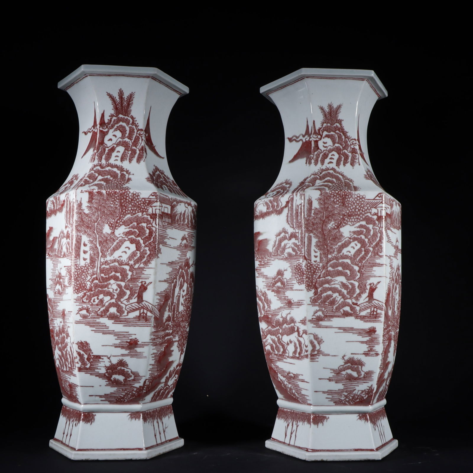 A pair of hexagonal vases with underglaze red landscape and figure designs from the Guangxu period (1 of 10)