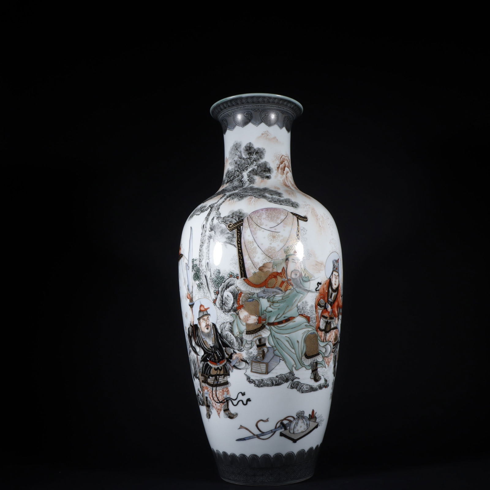 A Qing Dynasty Qianlong period famille rose and gilt-decorated Three Kingdoms generals vase from a: A Qing Dynasty Qianlong period famille rose and gilt-decorated Three Kingdoms generals vase, 55.5cm high and 24cm wide. Provenance:Private collection of the retired lawyer Mr.Henry, Chelmsford, Massac