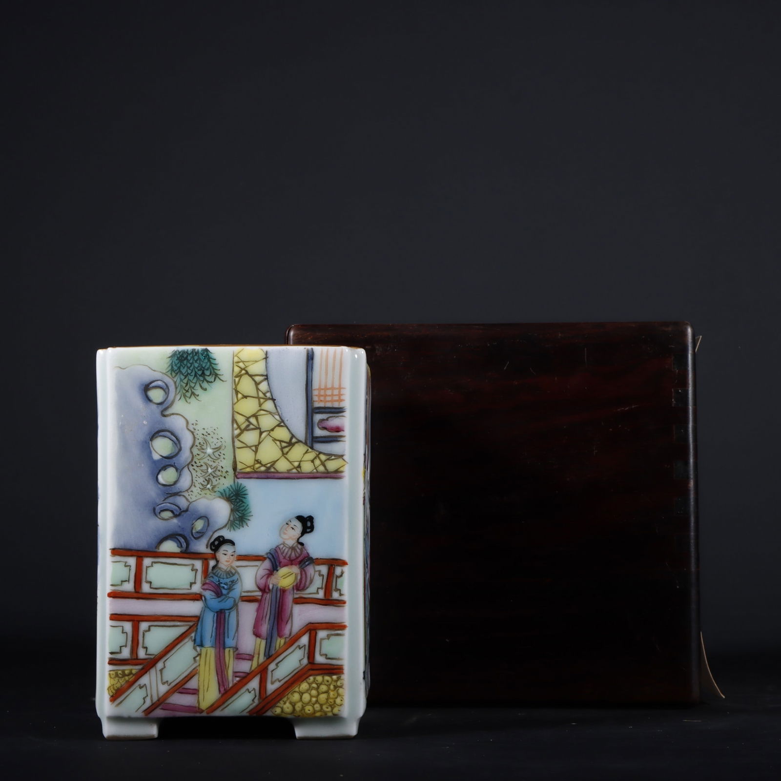 Formerly in the collection of a Qing Dynasty Qianlong period famille rose square brush pot with (1 of 9)