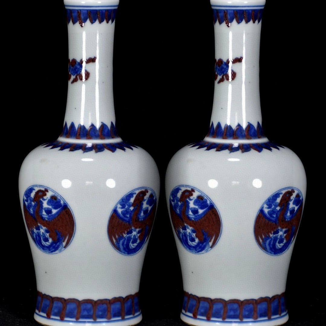 Kangxi Period Double-Ring Mark Blue and White Underglaze Red Phoenix Pattern Appreciation Vase (1 of 9)
