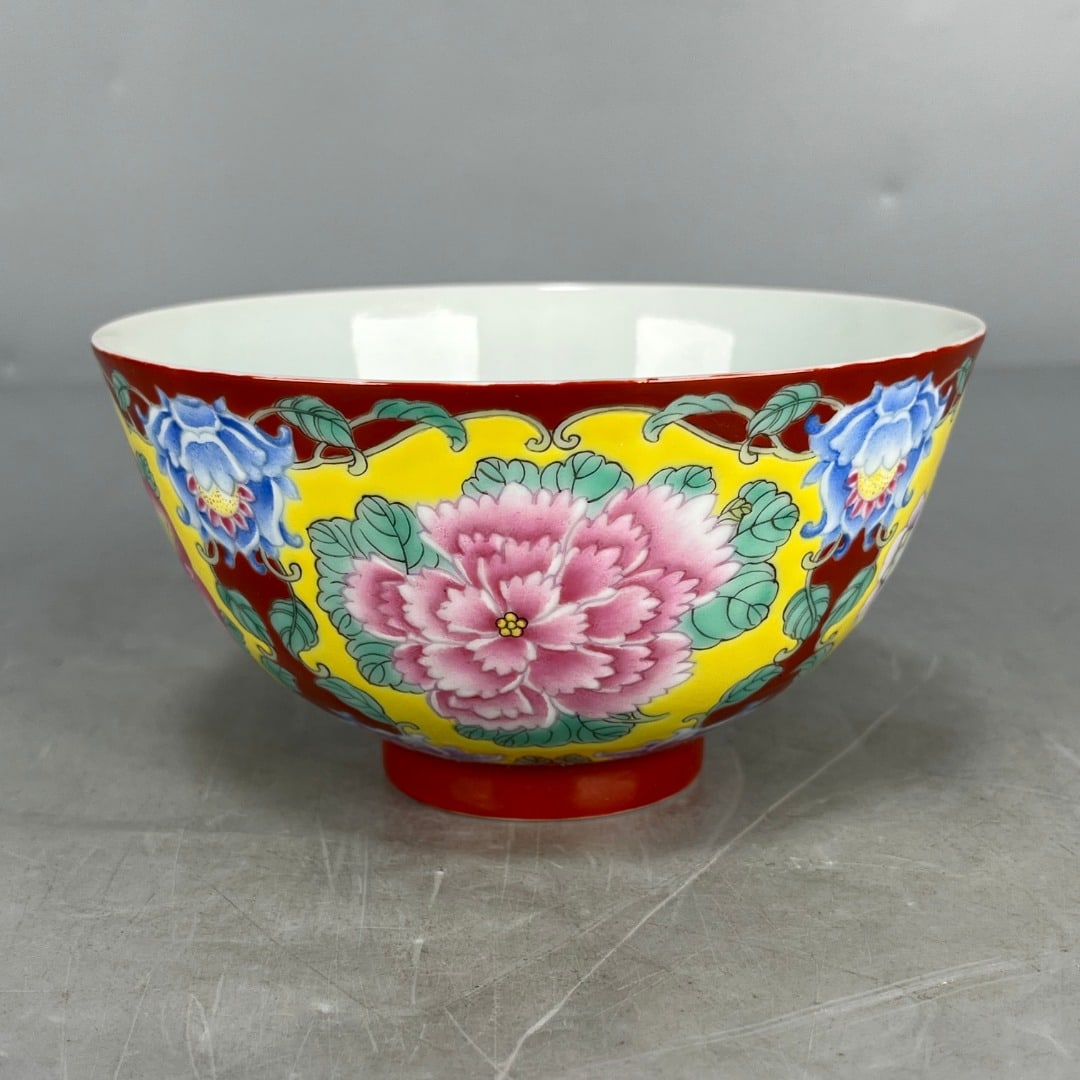 Kangxi Imperial Enamel Coral Red Ground Window Pattern Four Seasons Floral Bowl (1 of 10)