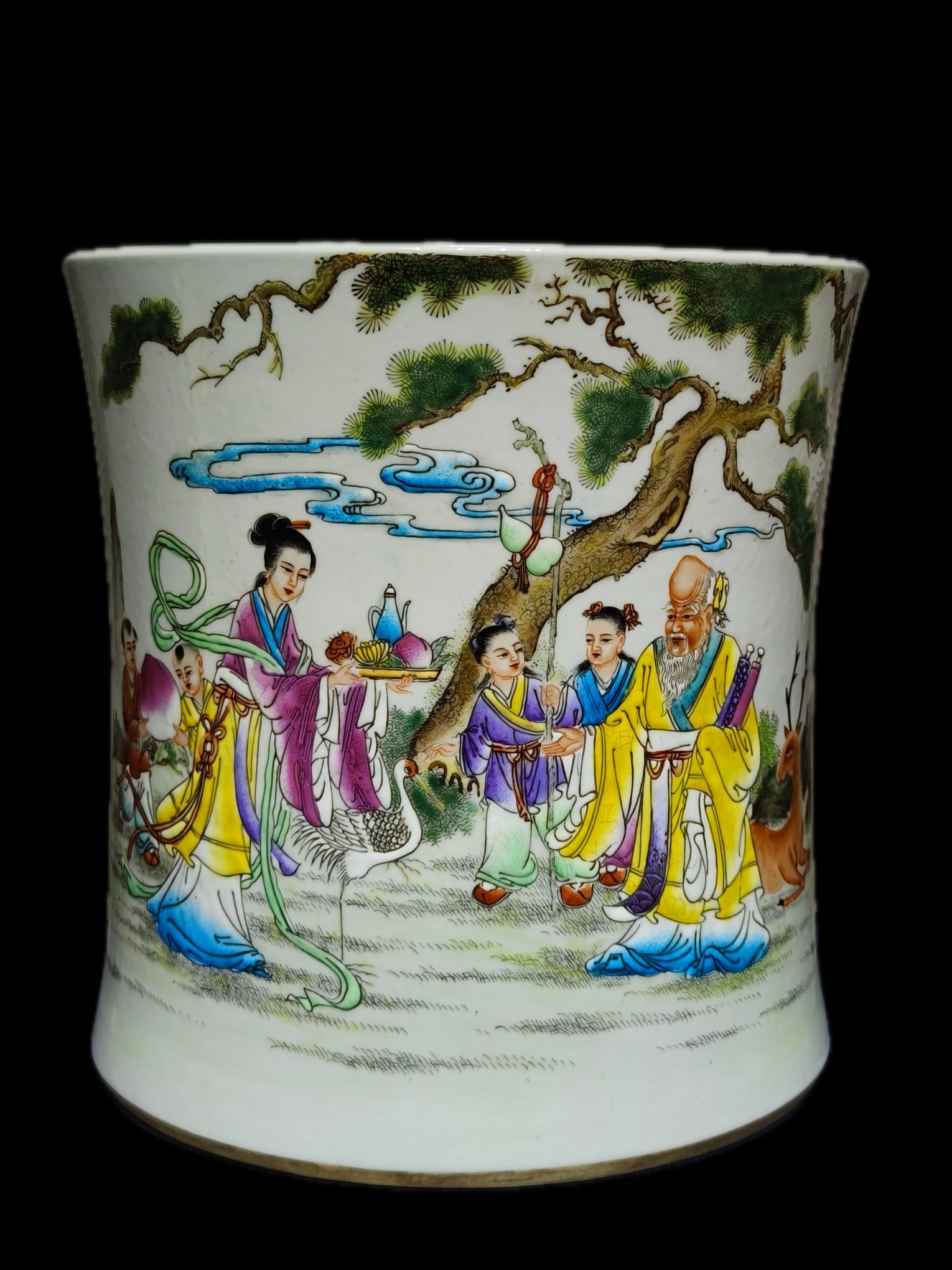 A meticulously crafted, fully decorated famille rose brush holder with a longevity motif, inspired (1 of 9)