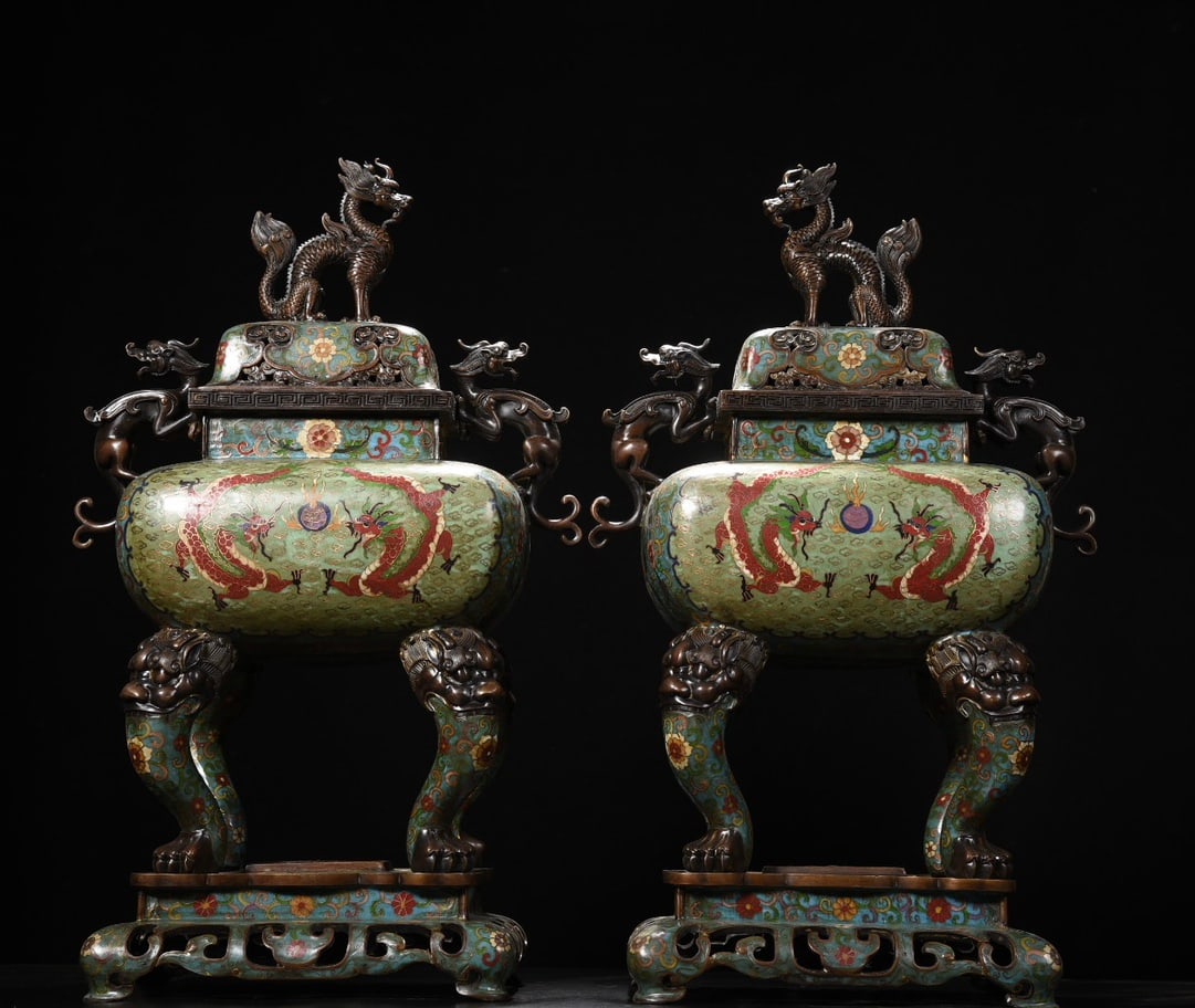 Large Cloisonne Incense Burner with Beast-shaped Knob and Dragon-shaped Handles and Two Dragons (1 of 9)