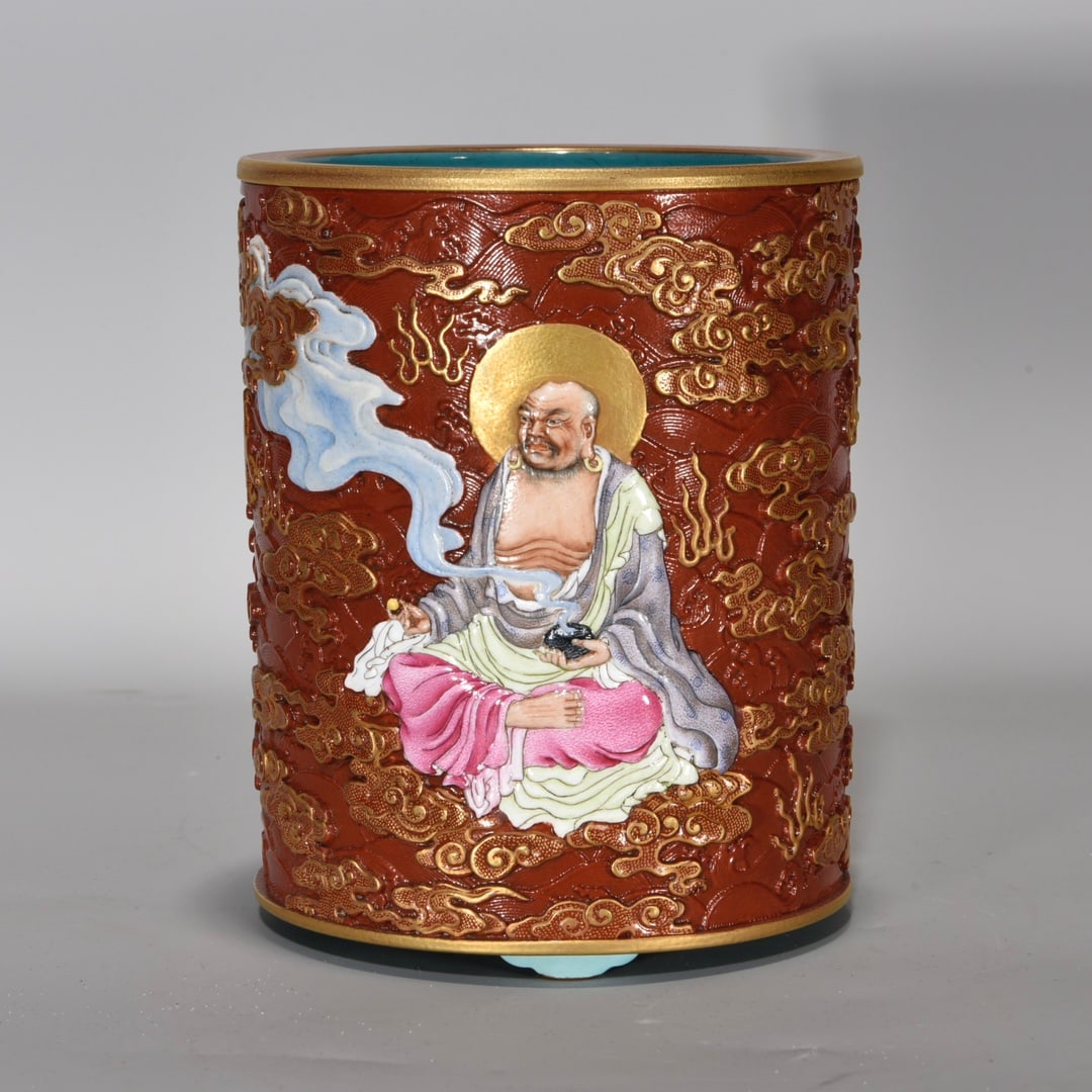 Qing Dynasty, Qianlong Period, Coral Red Relief Gilt Brush Pot with Dragon and Arhat Design (1 of 9)