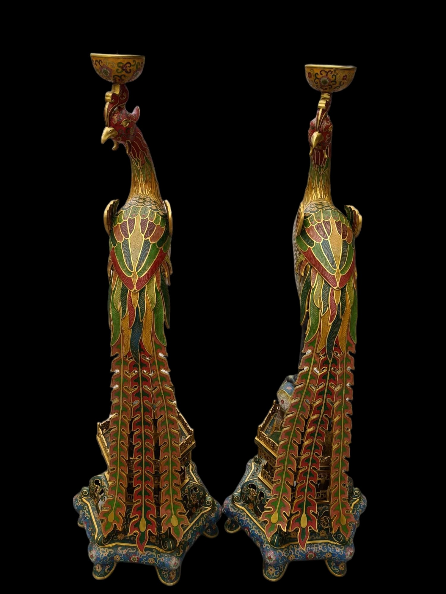 A pair of cloisonne phoenix candlesticks, uniquely designed, in superb condition, and flawless ?C a: A pair of cloisonne phoenix candlesticks, uniquely designed, in superb condition, and flawless ?C a collector's item. Dimensions: 163 x 46 cm, Weight: 58000g Provenance:Private collection from a profe