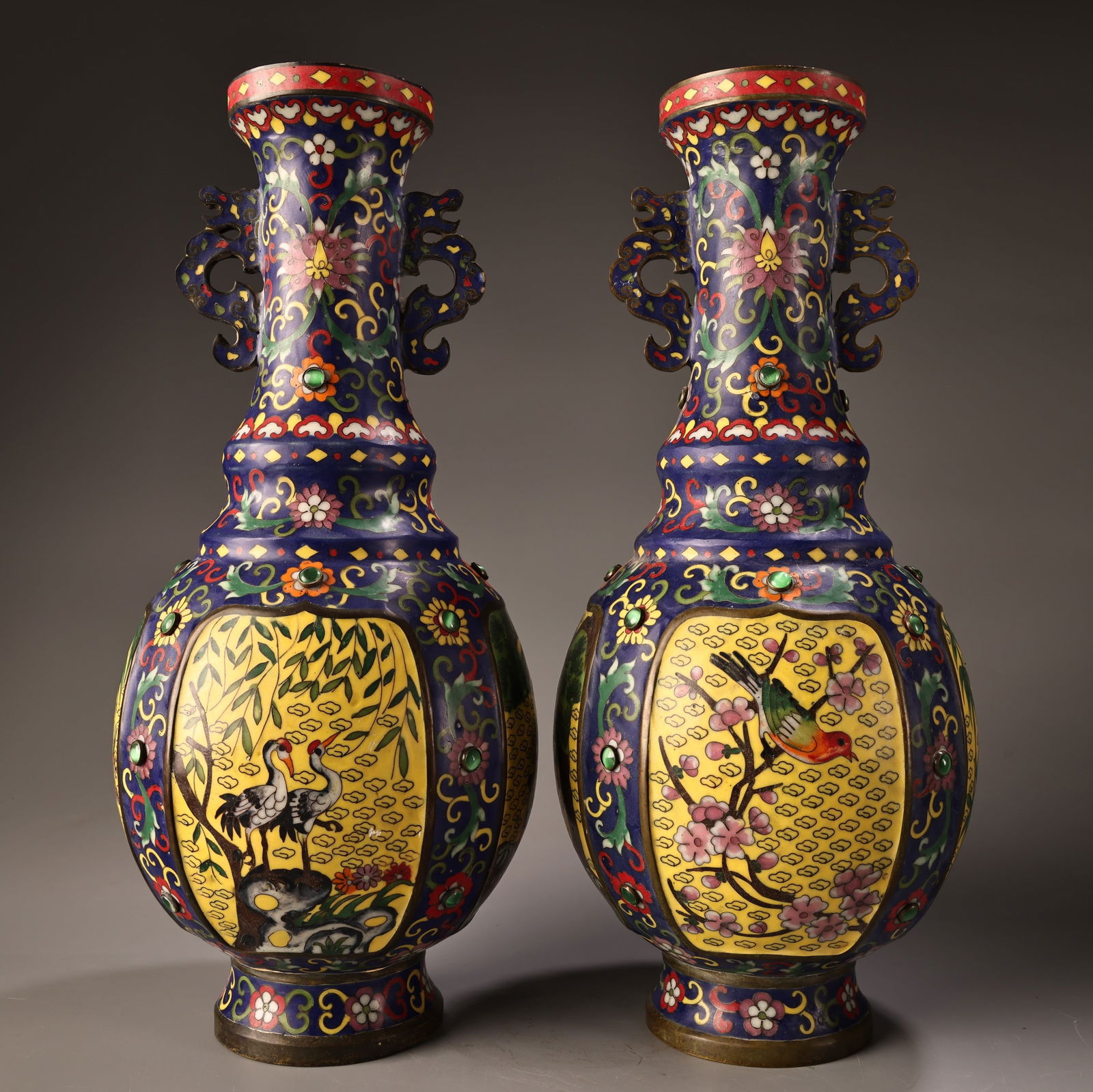 A pair of rare, antique copper cloisonne enamel vases. (1 of 9)