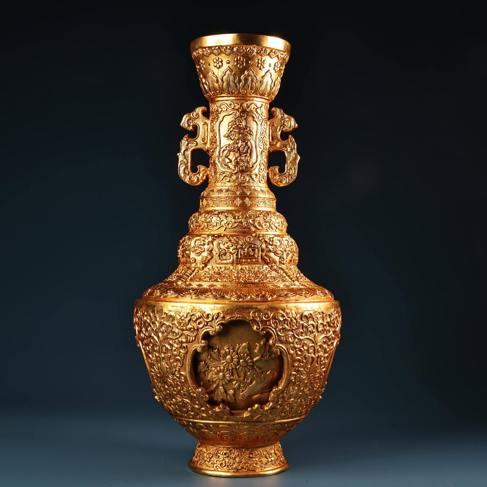Rare and valuable antique collection: Pure copper vase with high relief engraving and gilding. (1 of 9)