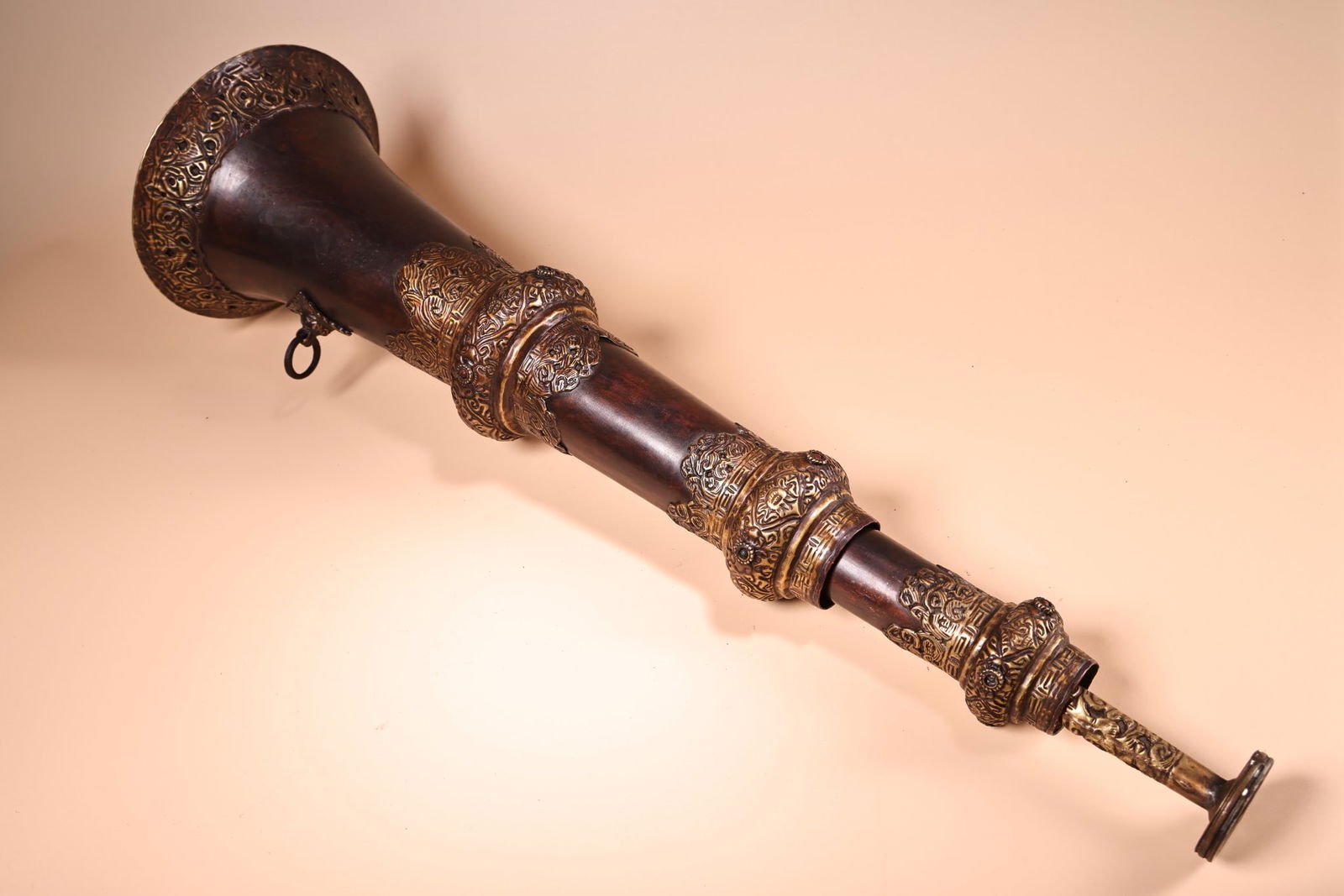 Rare antique Tibetan artifact, handcrafted from pure copper, featuring Tibetan horn and trumpet (1 of 16)
