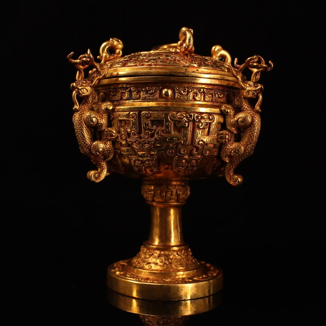 Rare antique collection: Pure copper, high-relief engraving, gilded tall-legged jar (1 of 8)