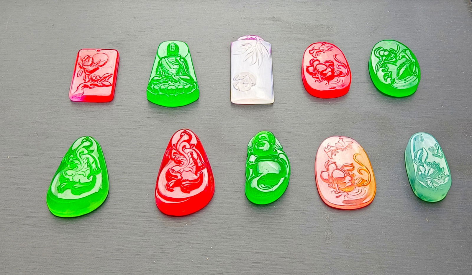 A set of top-grade dragon stone type colorful extra-thick jadeite pendants (1 of 6)