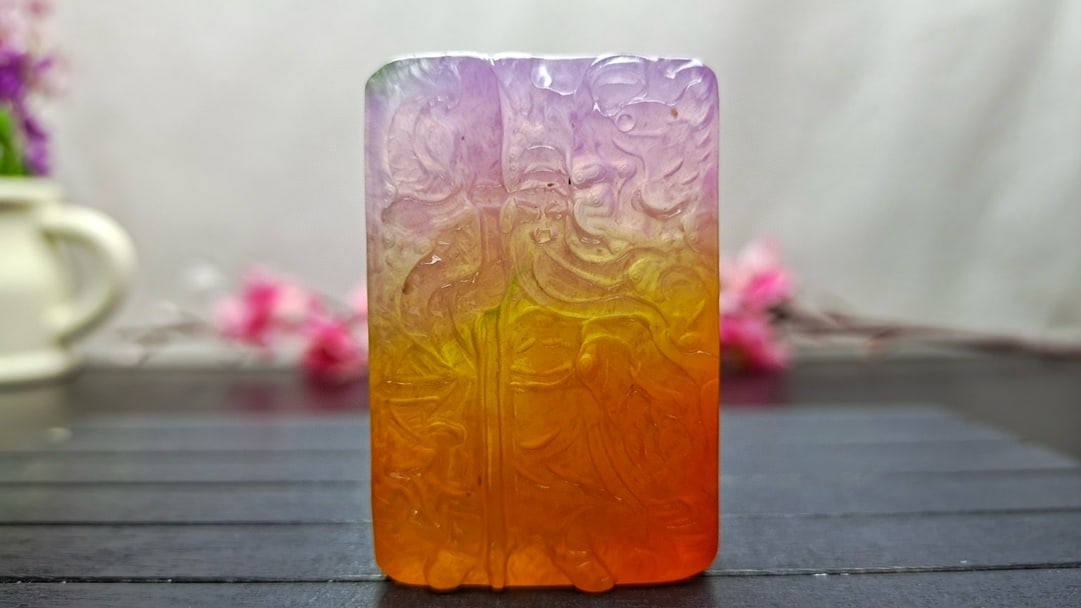 Dragon Stone Variety Extra Large and Thick Jadeite Guan Gong Pendant: Dragon Stone Jadeite Guan Gong Pendant, Extra Large and Thick, Multicolored, Carved from a Single Piece of Jadeite, Excellent Transparency, Super Perfect, Can Be Tested Under UV Light Provenance:Priva