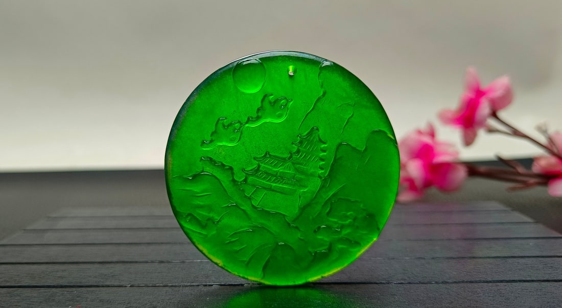 Top-grade Dragon Stone Imperial Green Jadeite Landscape Pendant (1 of 8)