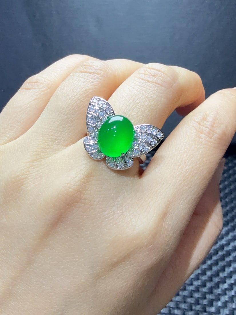 A 925 sterling jadeite ring with full green color and diamond accents, perfect for women. (1 of 9)