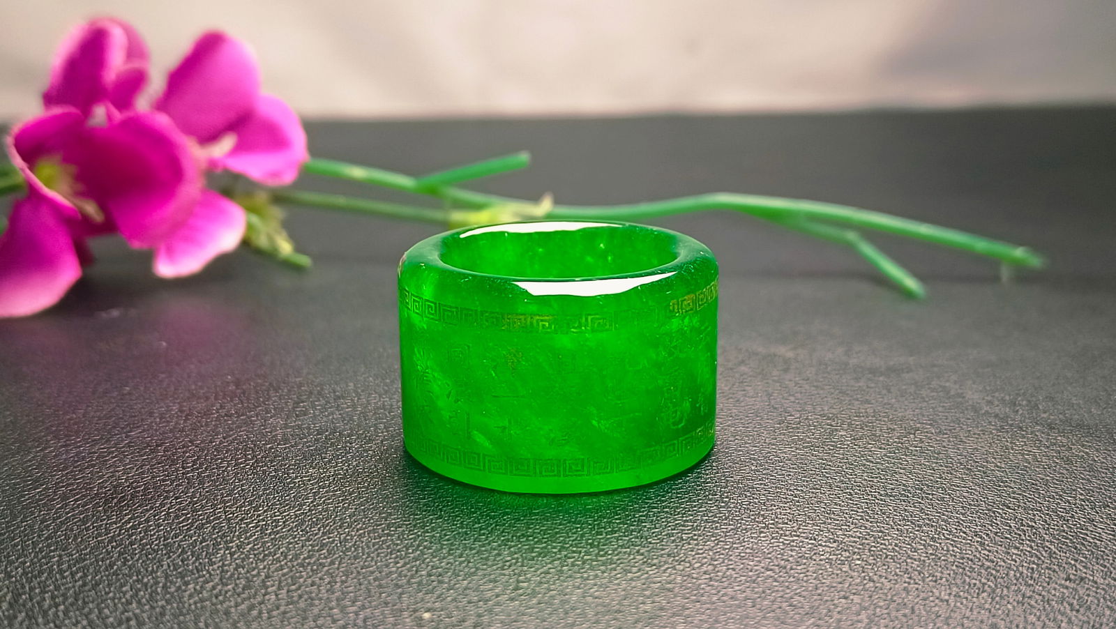 Dragon Stone Type Imperial Green Jadeite Engraved Thumb Ring (1 of 8)