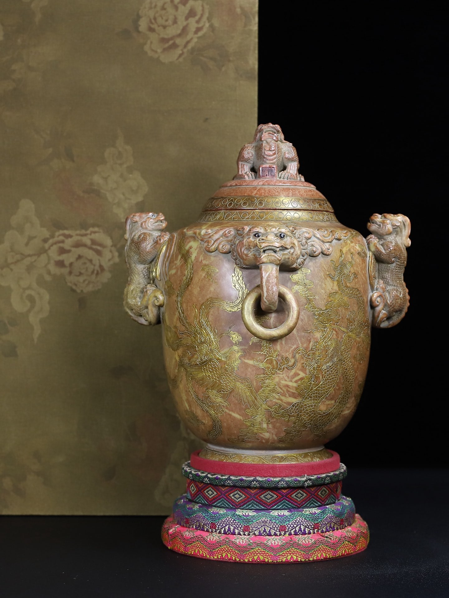 A rare, hand-carved Shoushan stone incense burner with a gilded double-ring dragon lid. (1 of 14)