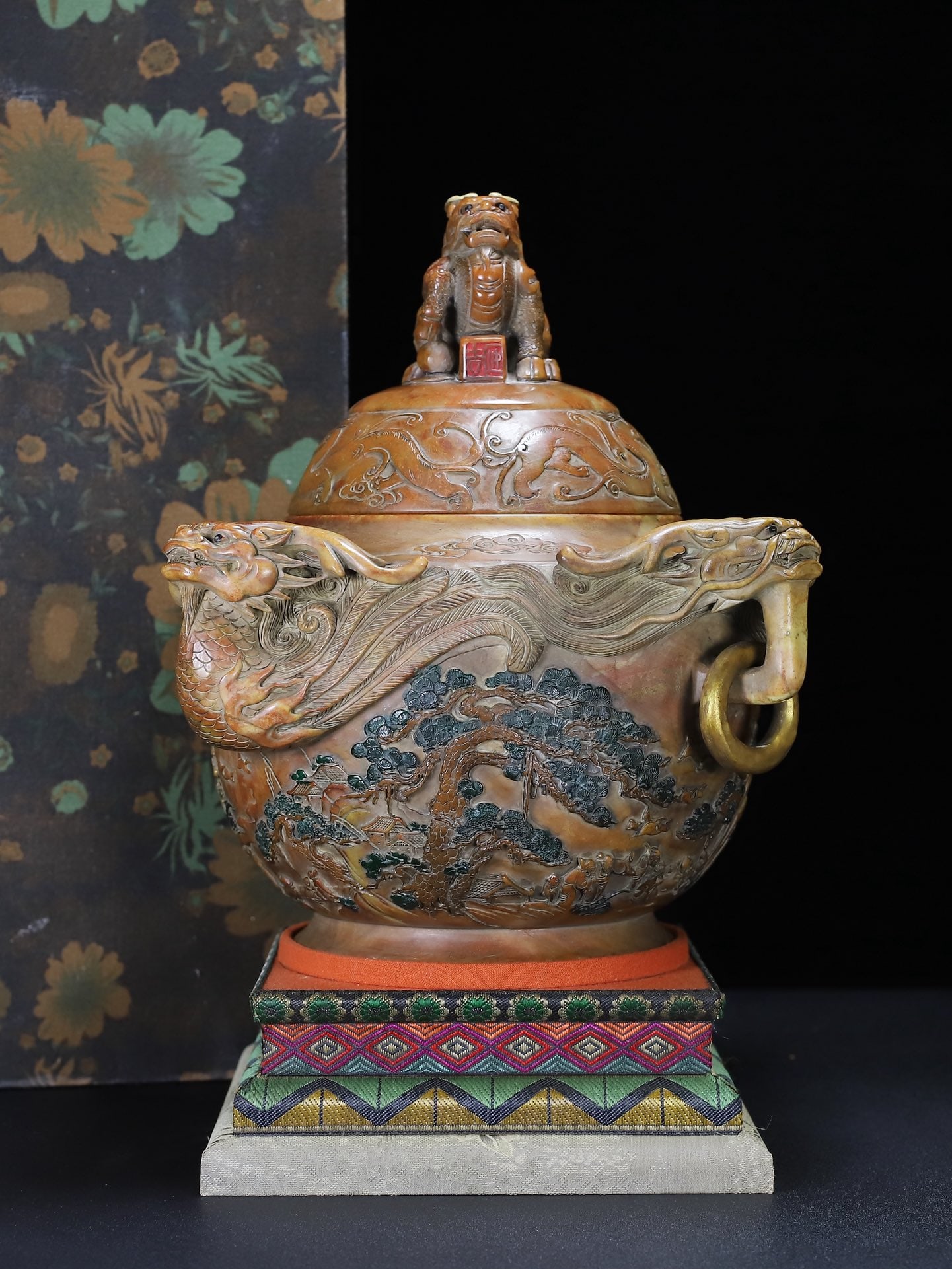 A rare, hand-carved Shoushan stone incense burner with a painted double-ring dragon and phoenix lid. (1 of 19)