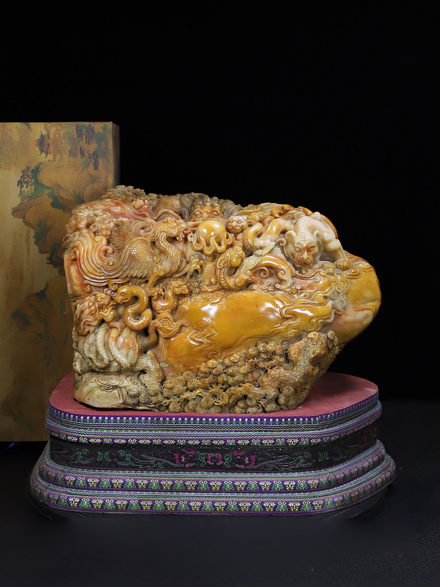 A rare, hand-carved Shoushan stone ornament featuring four mythical beasts offering auspicious (1 of 16)