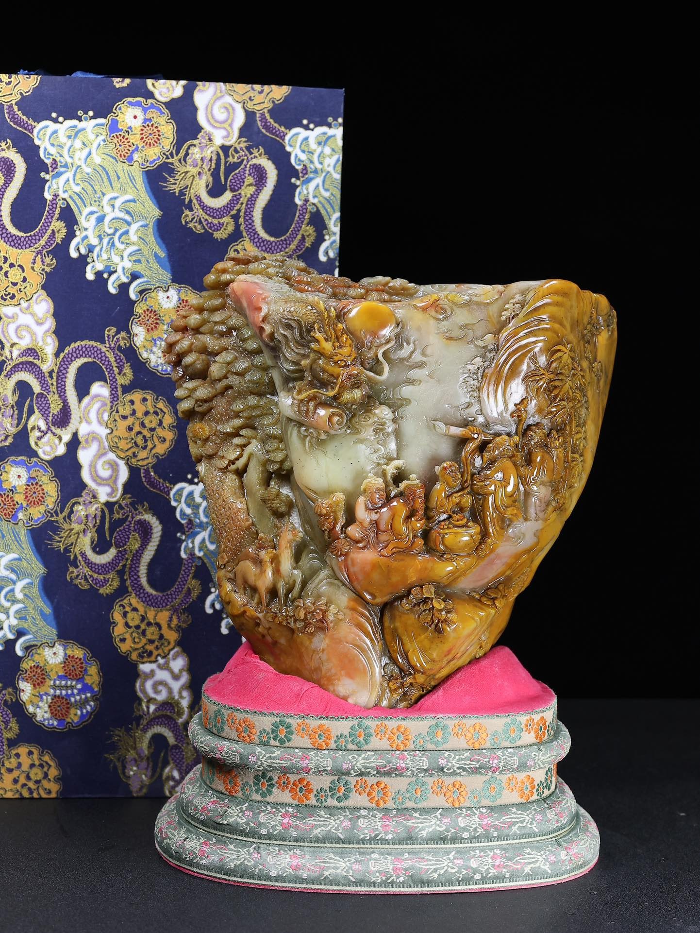 A rare, handcrafted Shoushan stone sculpture depicting a gathering of scholars under pine trees, (1 of 14)