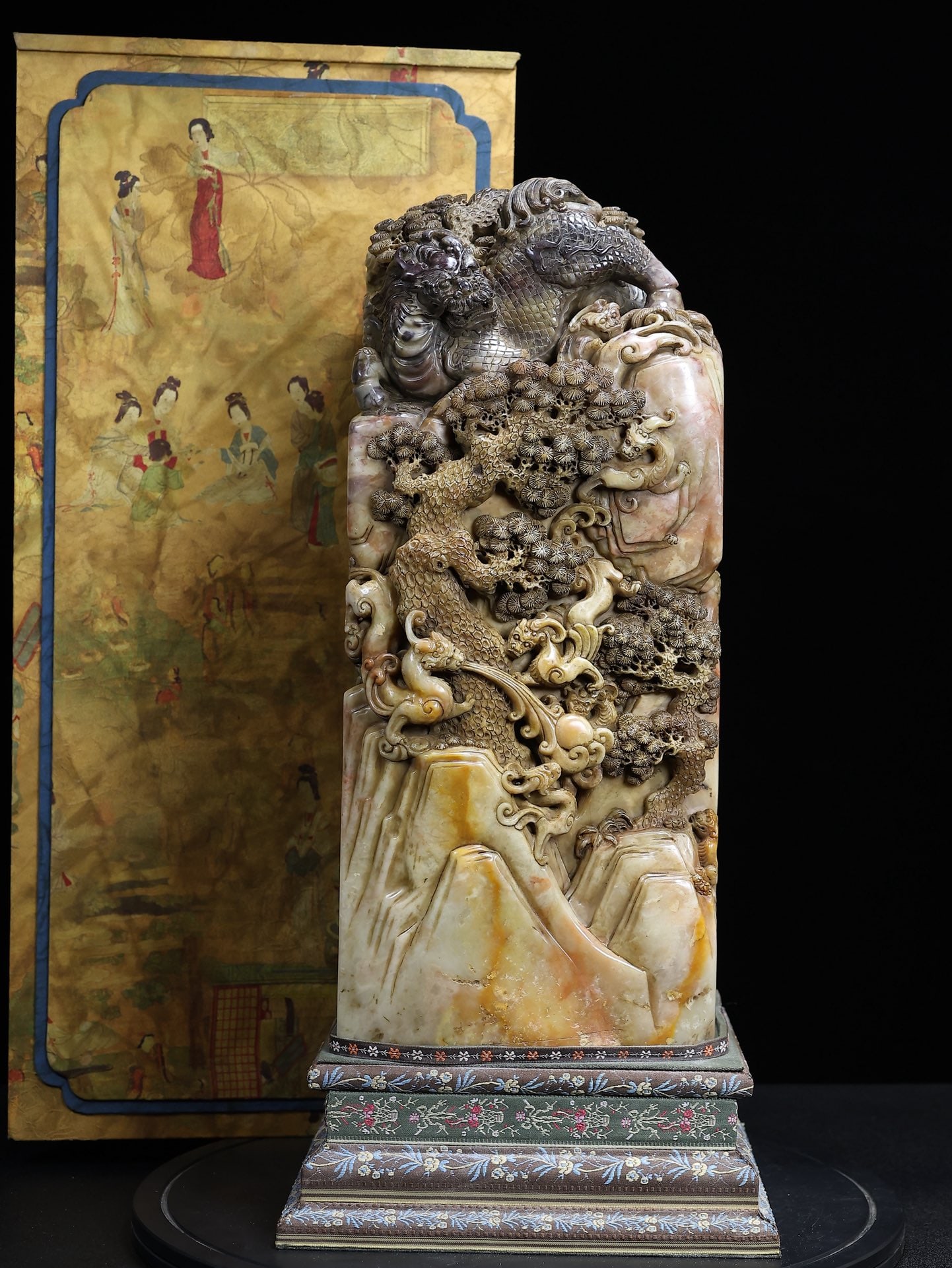 rare, handcrafted Shoushan stone seal with a dragon and pine tree design, presented in a cloth box. (1 of 14)