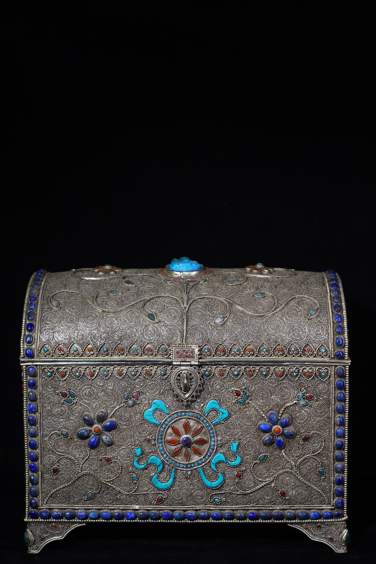 Tibetan silver hand-hammered, engraved, and gem-inlaid cloisonne treasure chest (1 of 9)