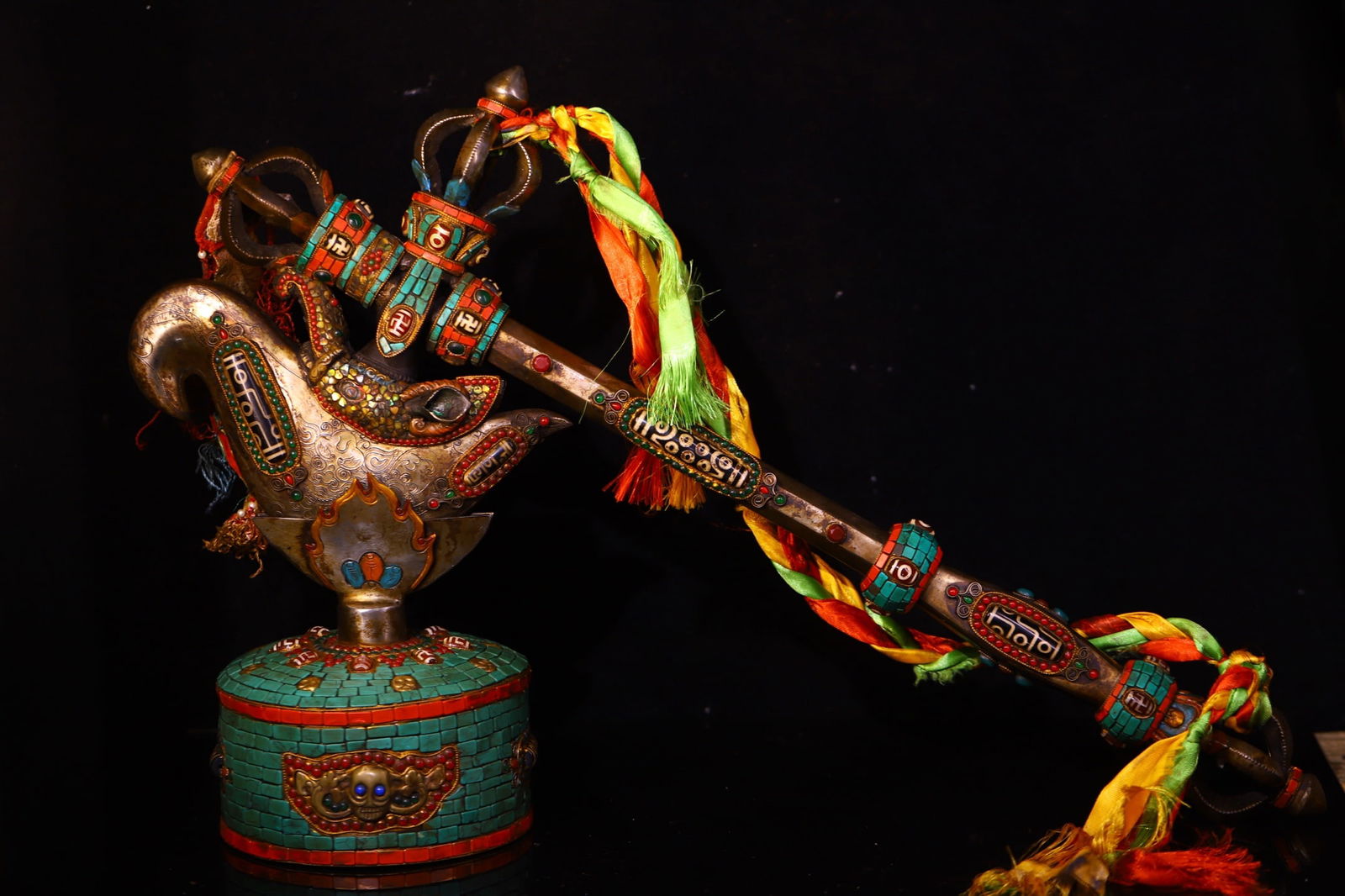 Tektite ritual implements are handcrafted, hammered, chiseled, and inlaid with gemstones.: This meteorite ritual implement is hand-hammered, chiseled, and inlaid with gemstones. It is 37 cm high, 63 cm wide, and weighs approximately 6100 g. Provenance:Private collection from a professor in