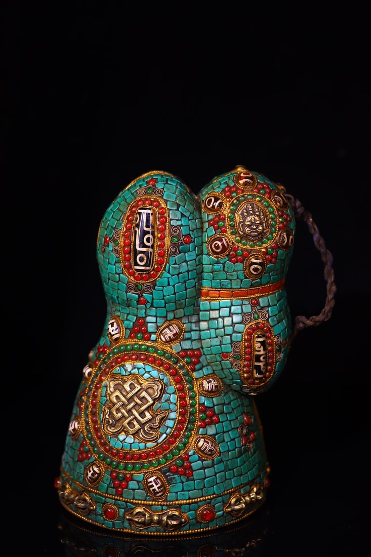 Handcrafted, engraved, painted, and inlaid dzi bead bells made of Lima copper from Tibet.: This is a handcrafted Lima copper item from Tibet, featuring a chiseled, painted, and inlaid dzi bead bell. The ritual implement box is also handcrafted with Bodhi root carvings. The painted bell is 2