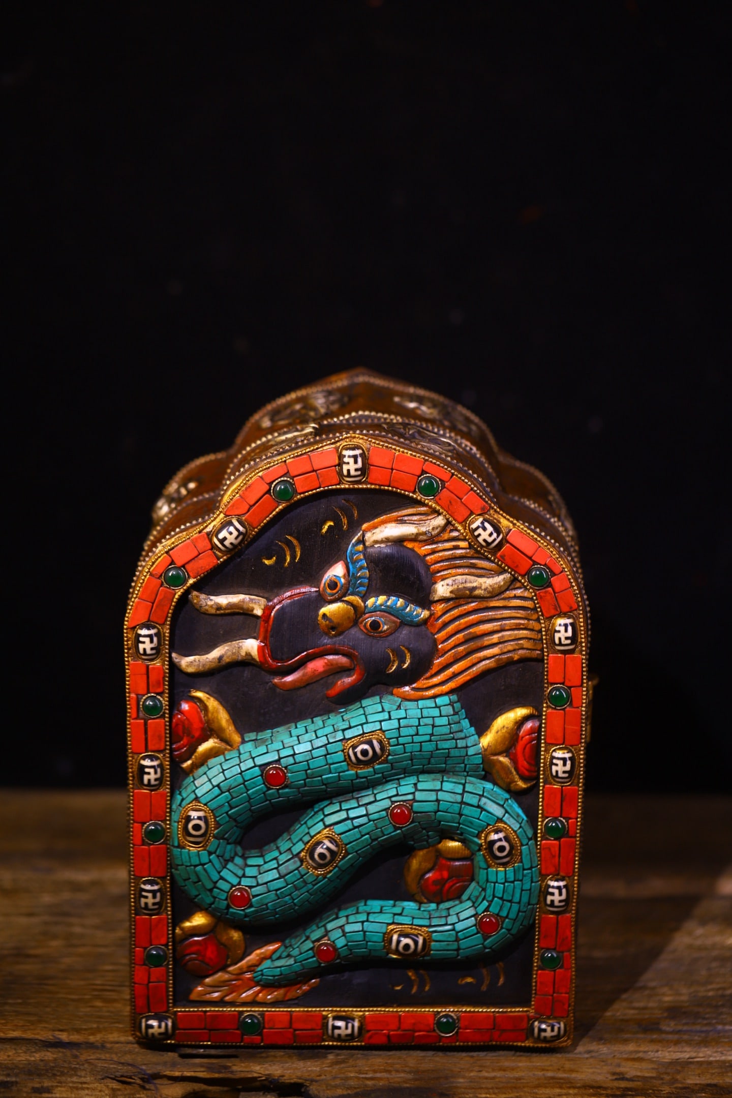 Handcrafted, engraved, painted, and inlaid dzi bead bells made of Lima copper from Tibet. (1 of 9)