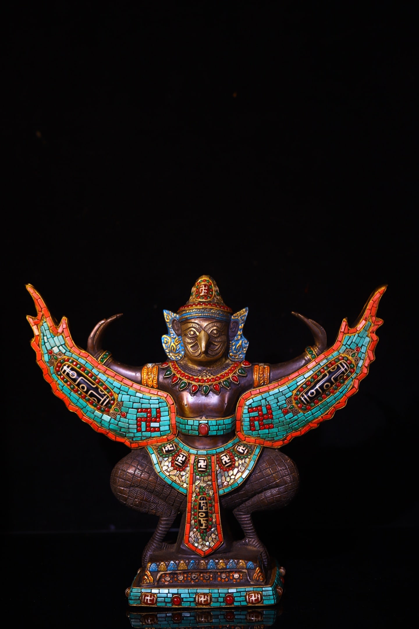 Handcrafted from Tibetan bronze, engraved and inlaid with jewels and gemstones, depicting a Garuda (1 of 9)