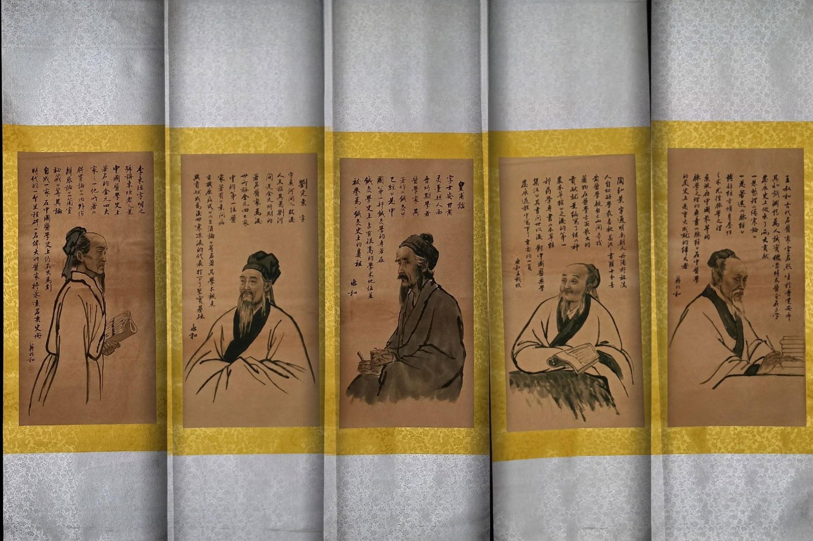 Jiang Zhaohe's exquisite hand-painted portraits (Five Great Physicians): A set of exquisite hand-painted portraits by Jiang Zhaohe (Five Great Healers), each portrait measuring 1.82 meters x 0.55 meters. Jiang Zhaohe was a modern Chinese painter known for his exquisite cra