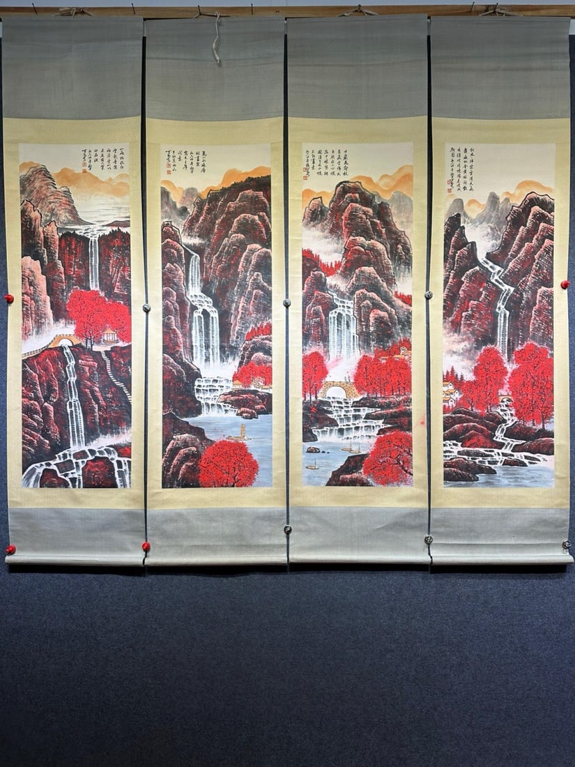 Li Keran's exquisite paper-and-silk scroll painting, "Ten Thousand Mountains Ablaze in Red" (1 of 9)
