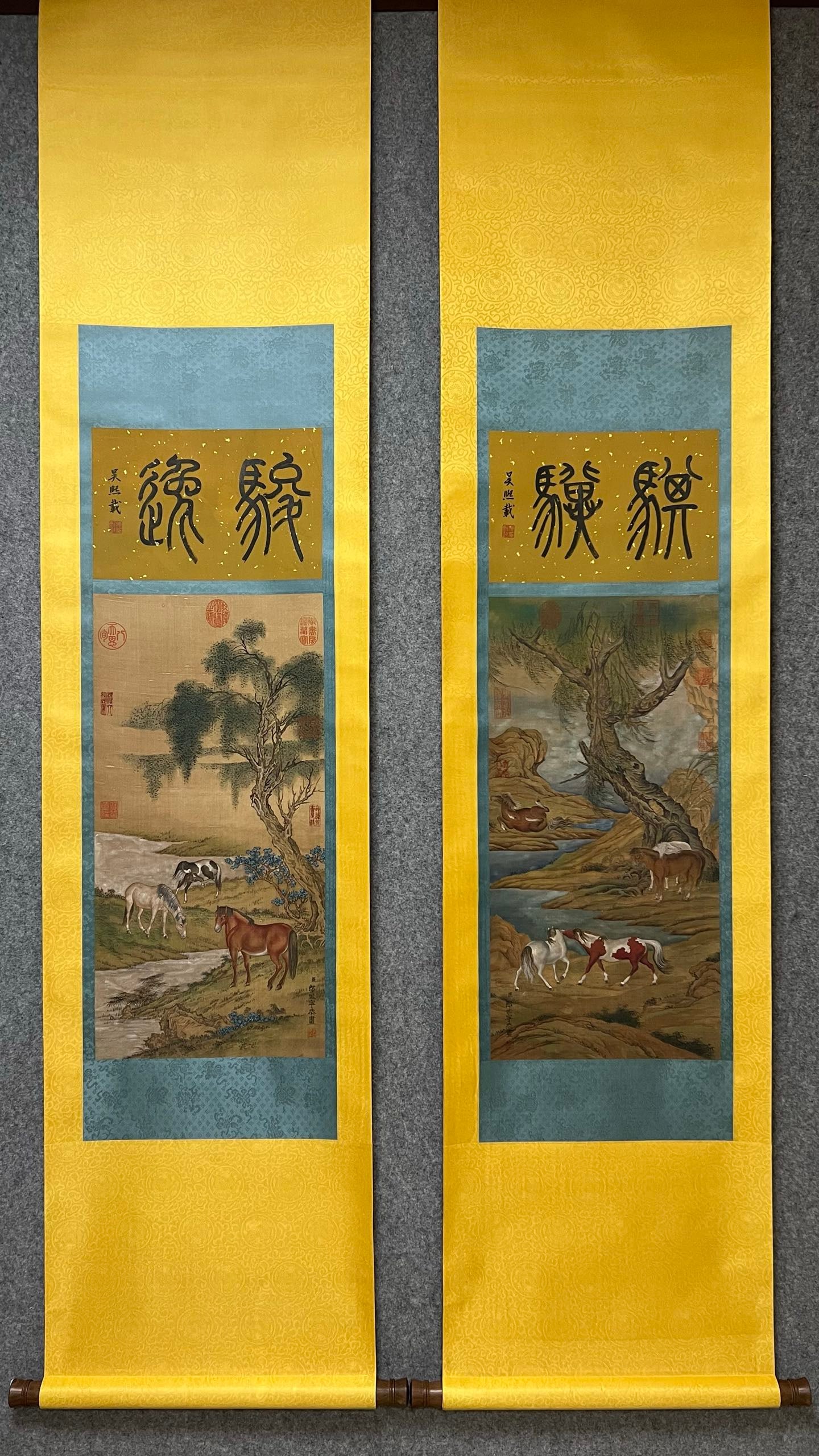 Lang Shining's silk scroll couplet: Lang Shining's silk screen painting, 67 x 33 cm Provenance:Private collection, Quincy, Massachusetts. Our dedicated team expertly handles both domestic and global shipping arrangements.We also offer C
