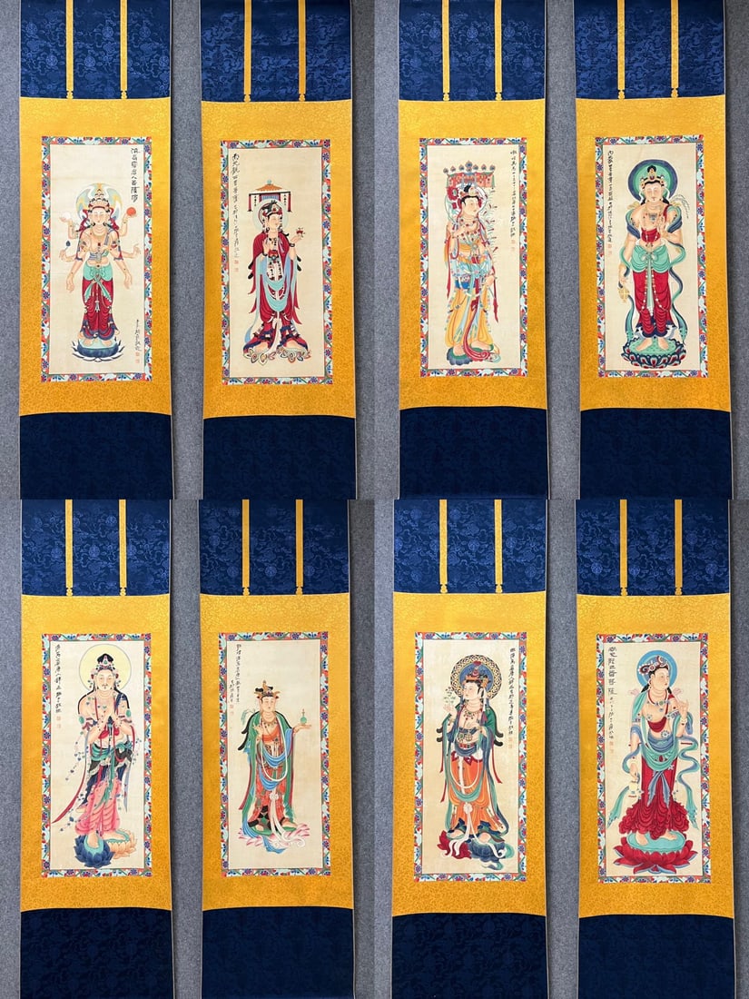Zhang Daqian's eight-panel paper Buddhist paintings: Zhang Daqian's eight-panel Buddhist paintings on paper, each panel measuring 92 x 42 cm. Provenance:Private collection, Quincy, Massachusetts. Our dedicated team expertly handles both domestic and glo