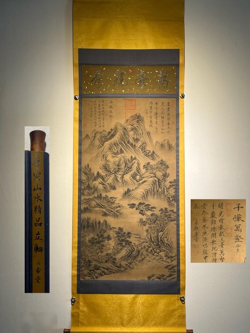 Tang Yin's exquisite silk landscape hanging scroll: A fine silk landscape painting hanging scroll by Tang Yin (March 6, 1470 ?C January 7, 1524). Tang Yin, courtesy name Bohu, later changed to Ziwei, also known as Liuru Jushi, Taohua Anzhu, Lu Guo Tang