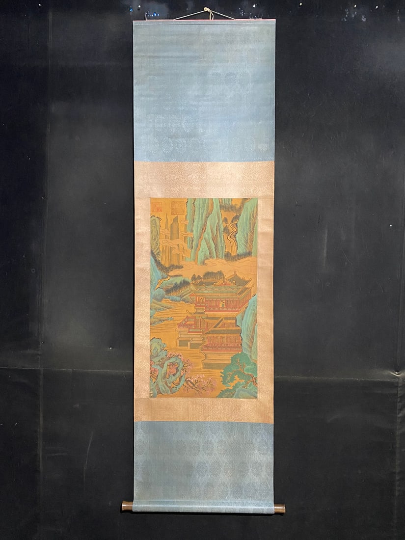 Li Sixun's landscape paintings: Fine Three-Foot Hanging Scroll Painting: A Hand-Painted Landscape Painting by Li Sixun of the Tang Dynasty - Actual Product Photograph - Material: Silk, Mounted Dimensions: Height x Width 205cm x 60cm