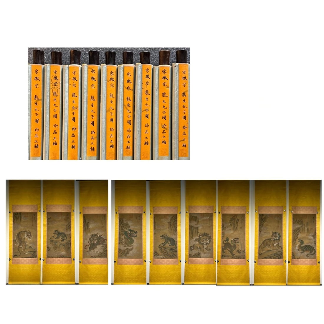 Emperor Huizong of Song Dynasty's exquisite silk painting of the nine sons of the dragon, hanging: Song Dynasty - Emperor Huizong's Fine Silk Painting of the Nine Sons of the Dragon, Hanging Scroll, Total Length 200 x 62 cm, Painting Core 88 x 47 cm Provenance:Mr. Stefan, Minneapolis, Minnesota. Ou