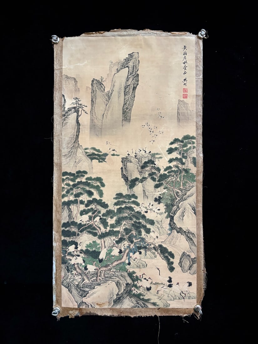 (Fanqi Landscape): (Fan Qi Landscape) Old linen base; material: Xuan paper; dimensions: approximately 93cm long and 50cm wide. Provenance:Private collection, Houston, Texas. Our dedicated team expertly handles both dome