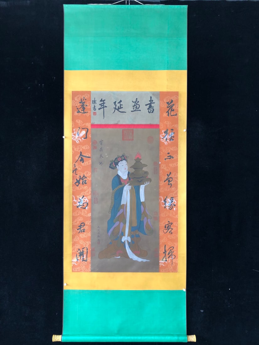 (Wu Daozi): (Wu Daozi) Figure Painting, exquisite four-foot ivory scroll, hand-painted, framed size: 205X87cm, painting size: 111X66cm! Provenance:Private collection from a professor in University of Pennsylvania