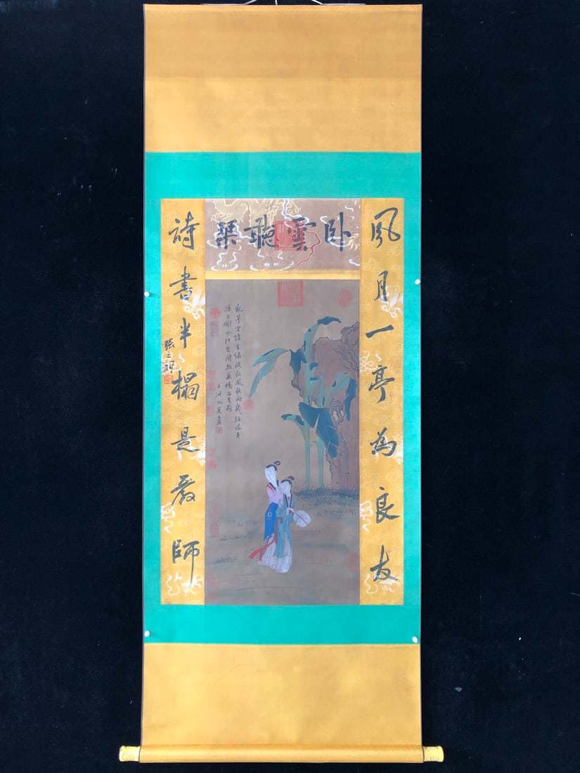 (Qiu Ying): (Qiu Ying) Figure painting, exquisite four-foot ivory scroll, hand-painted, framed size: 205X87cm, painting size: 111X66cm! Provenance:Private collection from a professor in University of Pennsylvania
