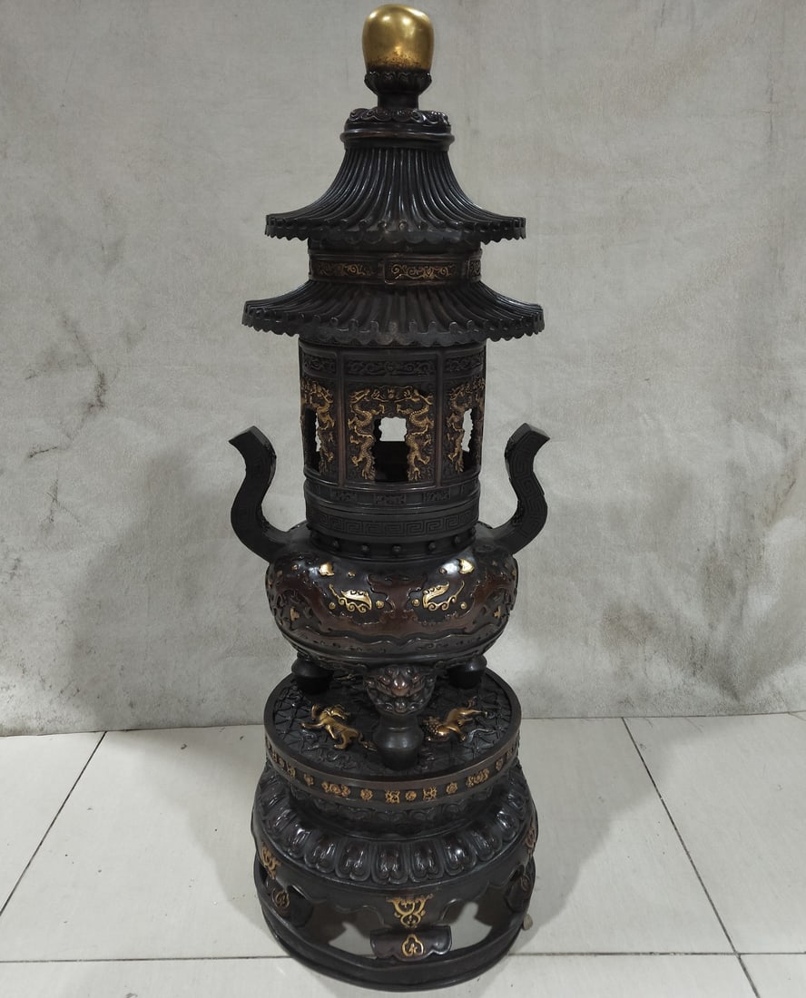 Gilded bronze pagoda incense burner (1 of 7)
